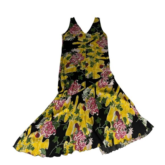 Key Lime Pie Rayon Floral Sleeveless Dress Women M Yellow Black Asymmetrical Hem - Picture 5 of 5